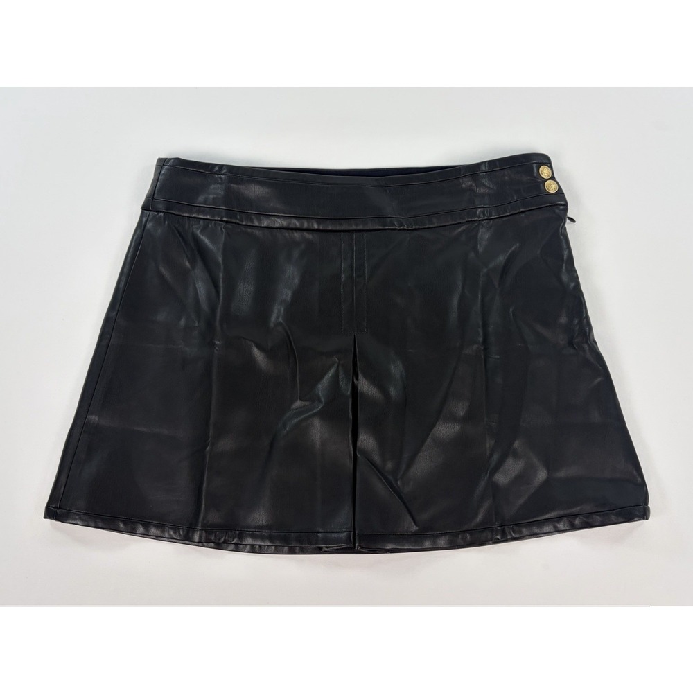 J Crew Black Faux Leather Mini Skirt Women's 12 Front Pleat Gold Crest Buttons